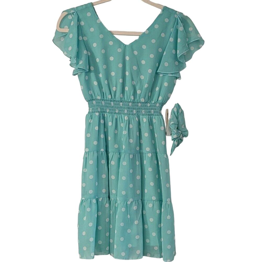 NEW Honey and Rosie Girls 12 Mint Polka Dot Smocked Flutter Sleeve Dress